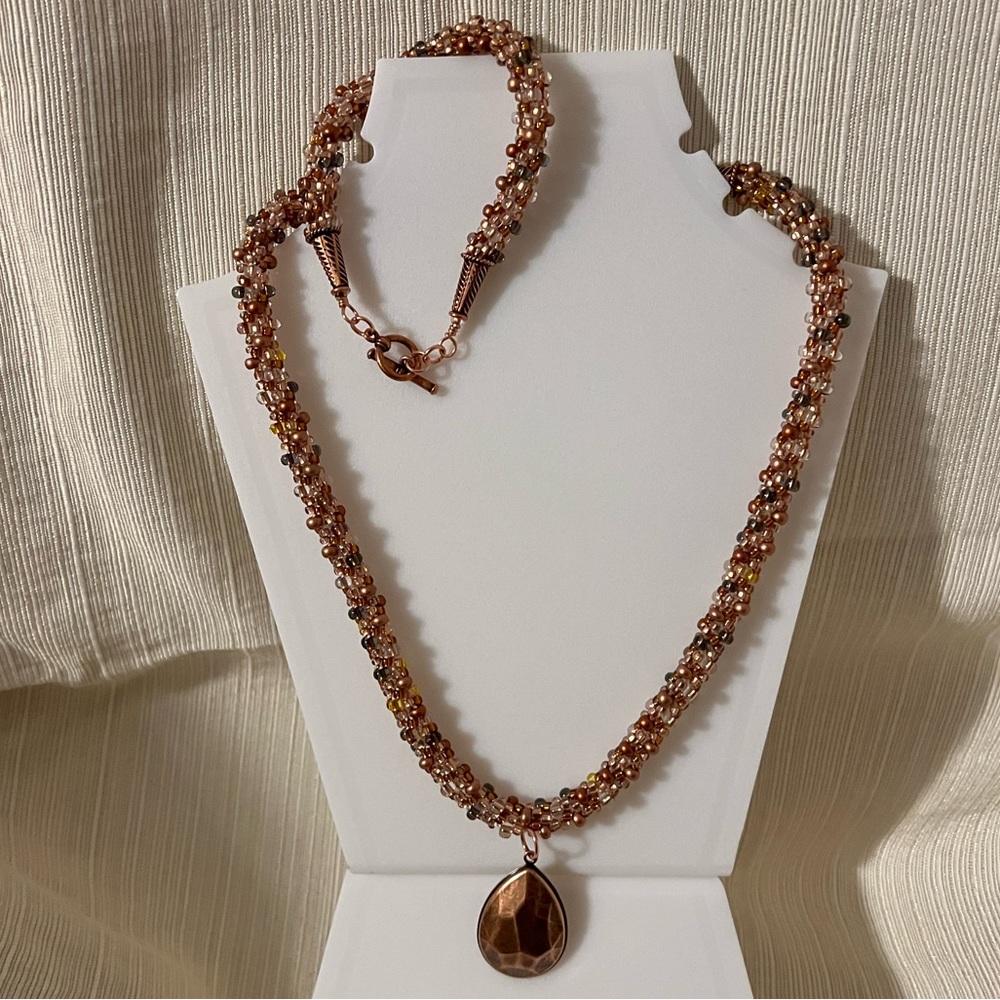 Necklace and bracelet set, copper and crystal Czech glass beads, copper pendant